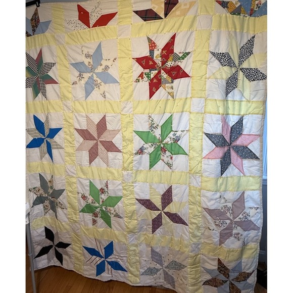 Vintage Handmade Star Quilt Blanket Patchwork Americana Twin Bedspread Throw
